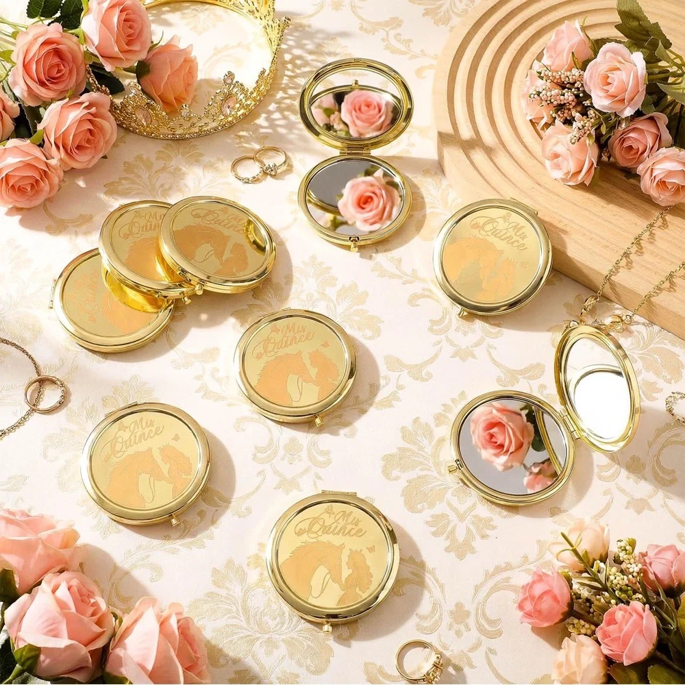 Gold 'Mis Quince' Round Compact Mirror Set